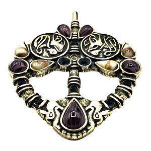 Vintage Sol Dor Brooch Celtic Irish Rhinestone Art Glass Pin Signed Costume Jewe